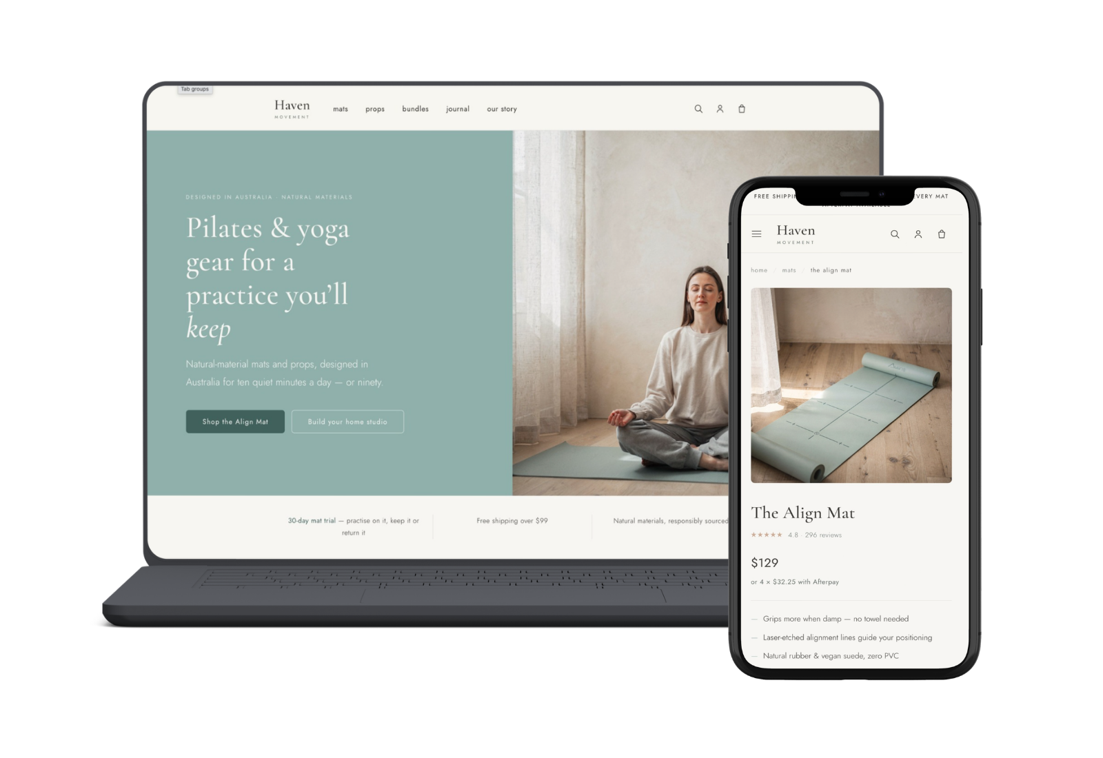 Haven Movement demo store: laptop with the Pilates and yoga gear homepage, phone with the Align Mat product page
