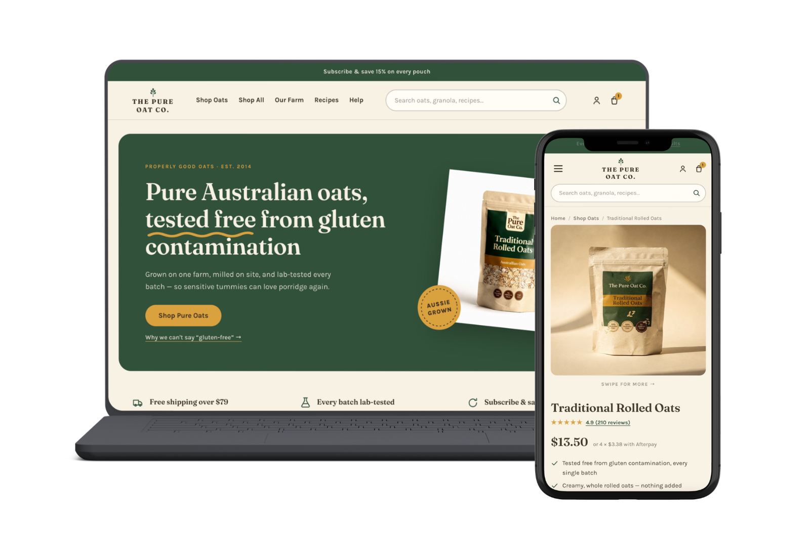 The Pure Oat Co. demo store: laptop with the oats homepage, phone with the Traditional Rolled Oats product page