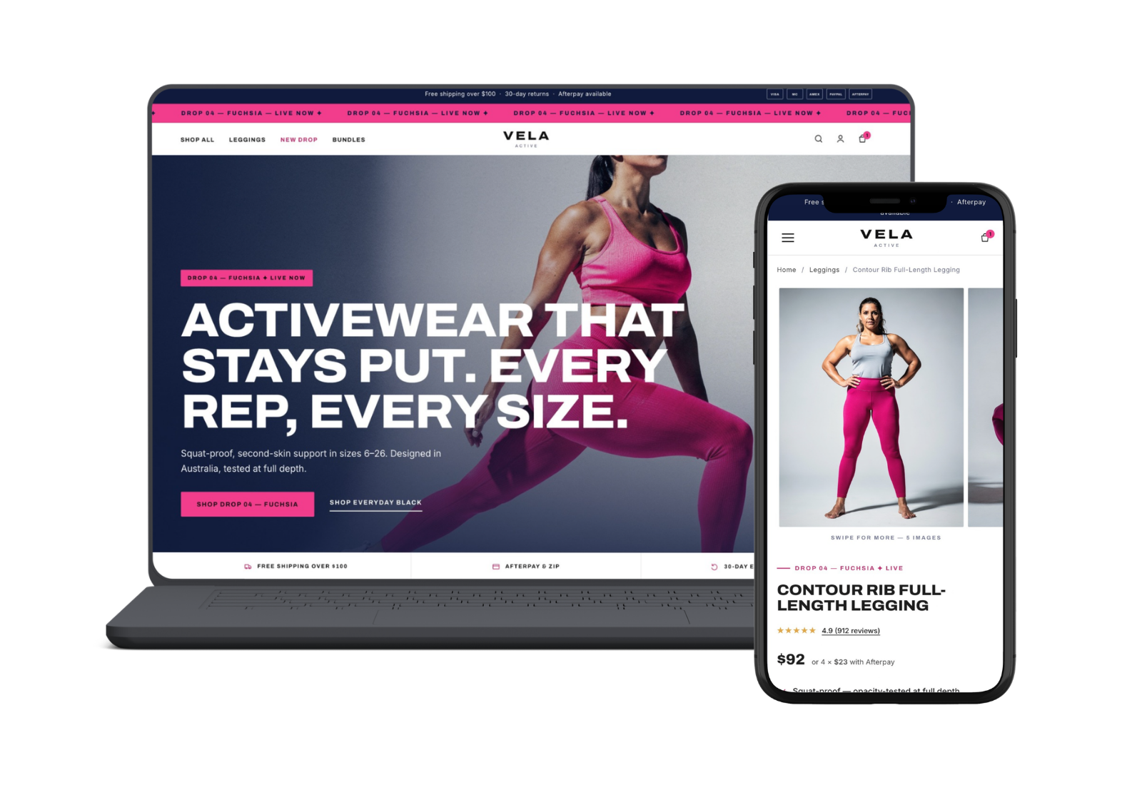 Vela Active demo store: laptop with the activewear homepage, phone with the Contour Rib Legging product page